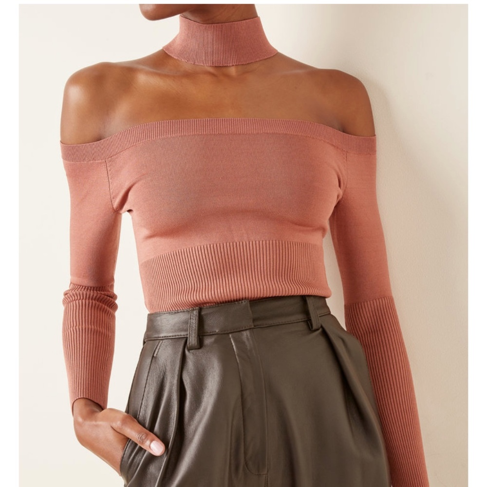 New SIMKHAI Lila Off-The-Shoulder Ribbed-Knit Top Turtleneck